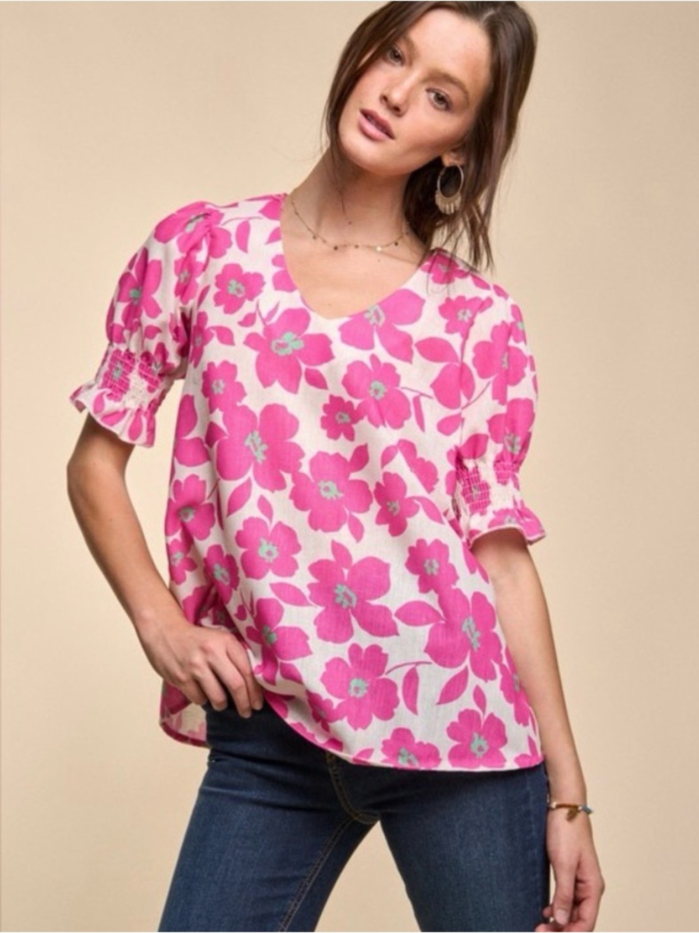 Women's Pink Floral V-Neck Puff Sleeve Blouse